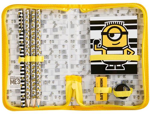 Estojo minions com caderno borracha apara lapis e lapis de cores , Sambro , 150029 , 5055114363843